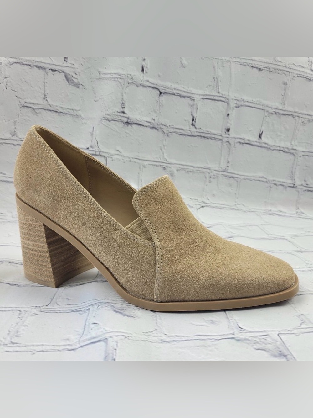 NWOB Joie Heeled Loafers Tan Suede Pump Pointed Toe Stacked Block Retro Chunky